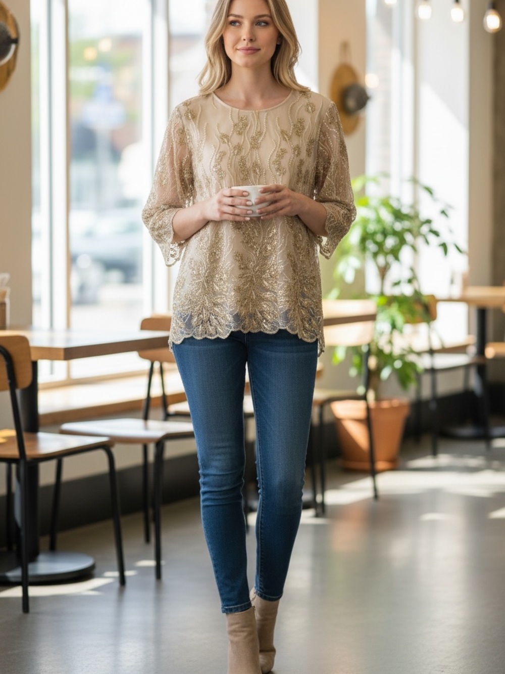 Vintage Golden Embroidered Tunic Women’s Lace Top